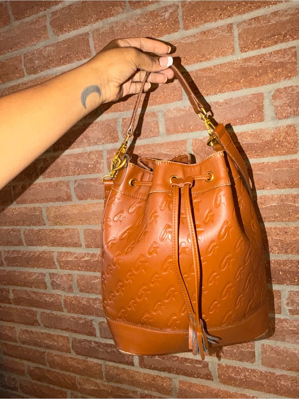 Embossed Drawstring Bucket Shoulder Bag - Cognac